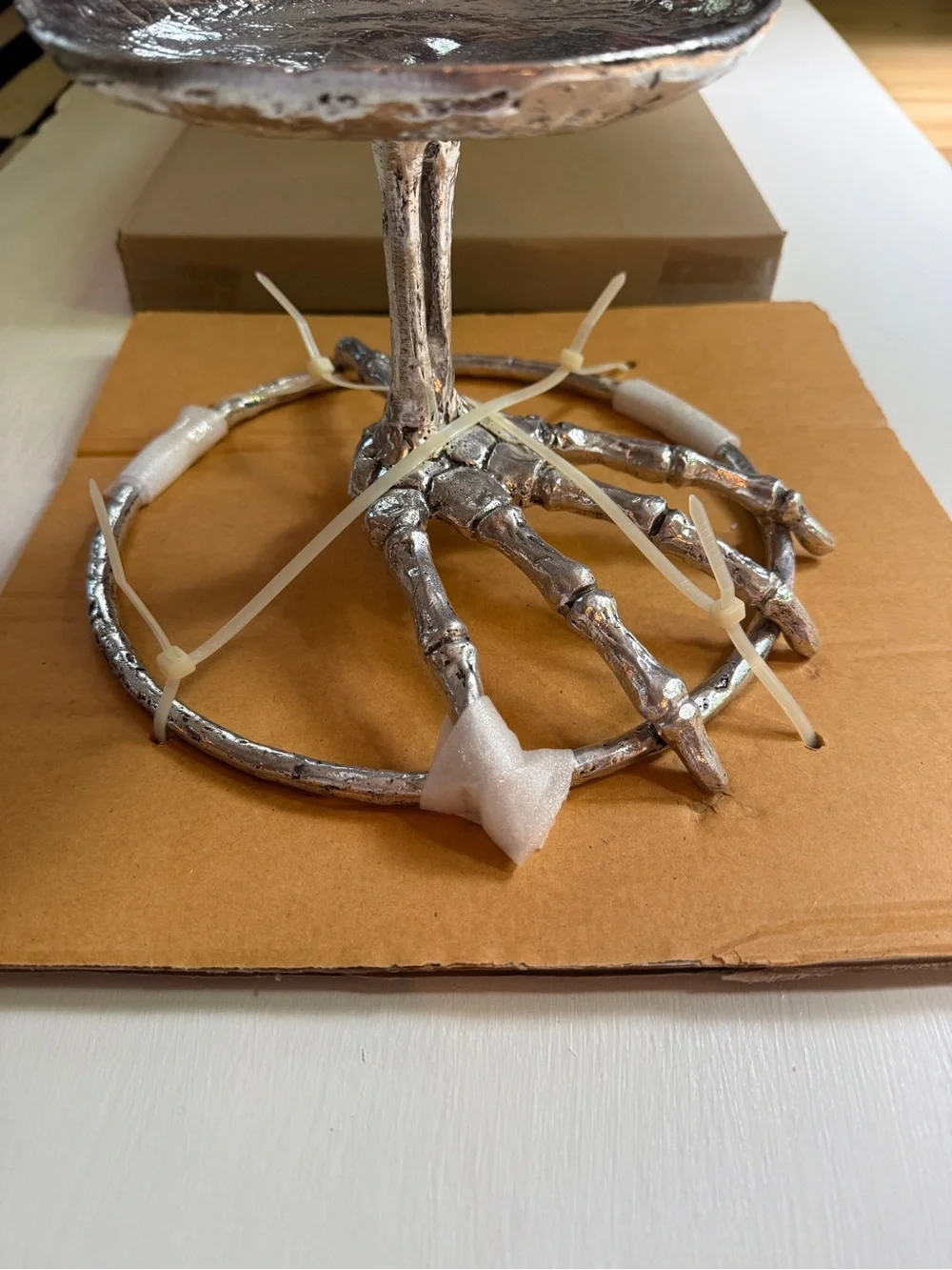 NIB POTTERY BARN SILVER SKELETON HAND CAKE PLATTER PEDESTAL SERVER HALLOWEEN